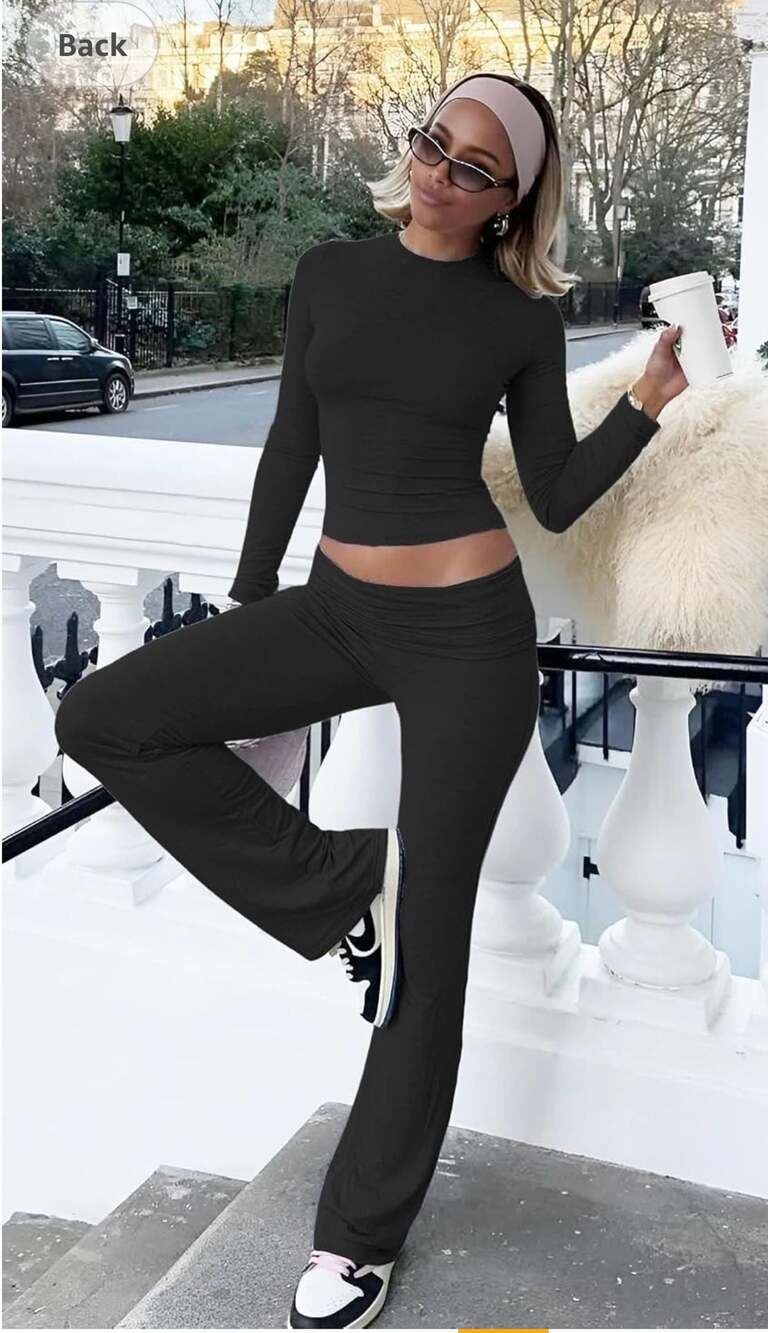 YETOWA Y2K 2-Piece Lounge Set Crop Top Fold-Over Flare Pants